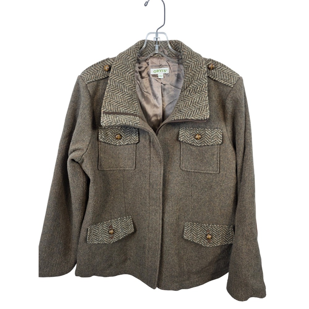 Orvis Women's Large Tweed Herringbone Coat Brown Button Shoulder Pockets /R47